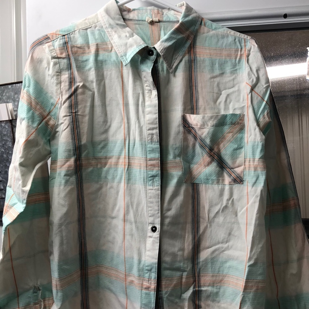 Light Baby Blue, orange,cream and blue top